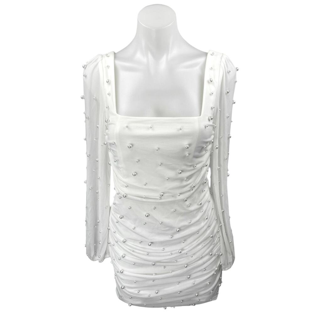 Lulus Admirably Divine White Mesh Pearl Beaded Long Sleeve Mini Bodycon Dress S